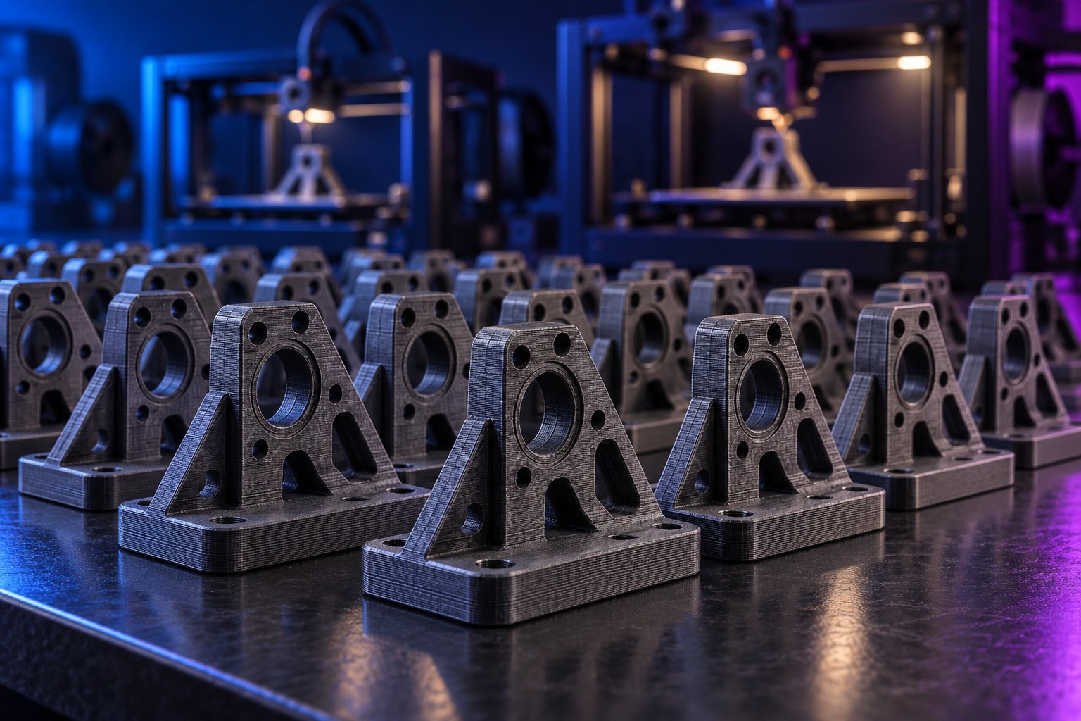 3D baskıyla üretilmiş aynı plastik parçadan oluşan bir seri, atölye tezgâhında